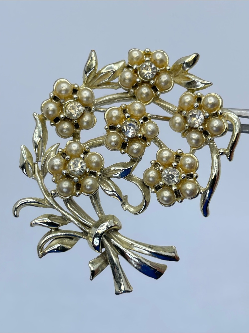 Vintage Gold Tone Faux Pearl Crystal Floral Bouquet Brooch Pin Art Deco